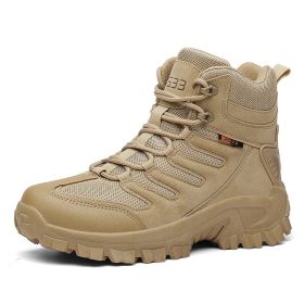 Large Size Combat Boots Men Desert Camping Non-slip Wear-resistant Sport High Top Footwear Outdoor Mountaineering Casual Shoes (Color: Beige, size: 44)