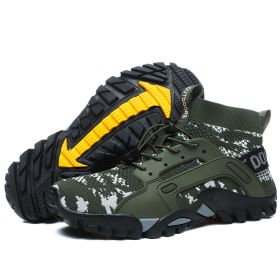 Spring Autumn Outdoor Mesh Fly Woven Sport Hiking Shoes Men Big Child Fashion Breathable High-top Climbing Walking Elastic Laces (Color: camouflage green, size: 42)