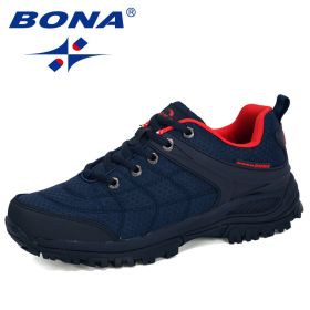 BONA 2022 New Designers Popular Hiking Shoes Man Nubuck Leather Mesh Outdoor Men Sneakers Climbing Shoes Men Sport Shoes Trendy (Color: Deep blue red, size: 10)