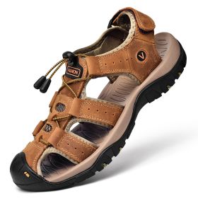 Men Summer Leather Sandal Outdoor Casual Shoe Man Mountain Hiking Sandals Non-slip High Quality Trekking Sandal Plus Size 46 (Color: light brown, size: 39)