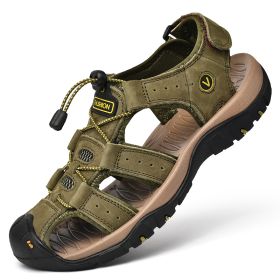 Men Summer Leather Sandal Outdoor Casual Shoe Man Mountain Hiking Sandals Non-slip High Quality Trekking Sandal Plus Size 46 (Color: Army Green, size: 44)