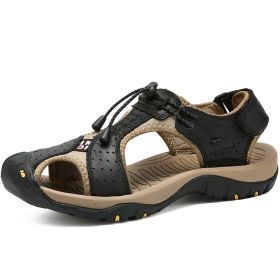 Men Summer Sandal Cow Leather Hiking Sandal Man Beach Sandal Outdoor Casual Shoe High Quality Leather Aqua Shoes Plus Size 46 (Color: Black, size: 42)