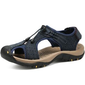 Men Summer Sandal Cow Leather Hiking Sandal Man Beach Sandal Outdoor Casual Shoe High Quality Leather Aqua Shoes Plus Size 46 (Color: Navy, size: 41)