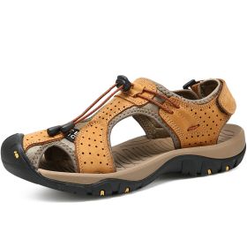 Men Summer Sandal Cow Leather Hiking Sandal Man Beach Sandal Outdoor Casual Shoe High Quality Leather Aqua Shoes Plus Size 46 (Color: Camel, size: 45)