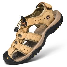 Men Summer Leather Sandal Outdoor Casual Shoe Man Mountain Hiking Sandals Non-slip High Quality Trekking Sandal Plus Size 46 (Color: Khaki, size: 39)