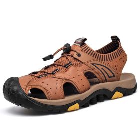 Plus Size Men Shoes Leather Stitching Sock Mouth Mens Sandals Summer Soft Non-slip Gladiator Sandals Men Hiking Beach Sandals (Color: Auburn, size: 43)