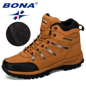 BONA New Designers Popular Trekking Shoes Men Leather Climbing Sport Sneakers Man Zapatillas Outdoor Hombre Hiking Shoes (Color: Earth yellow, size: 9)