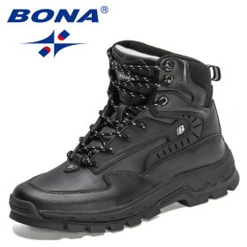 BONA 2022 New Designers High-Top Hiking Boots Men Action Leather Outdoor Wear-Resistant Non-Slip Snow Shoes Man Ankle Boots Soft (Color: Black silver gray, size: 8.5)