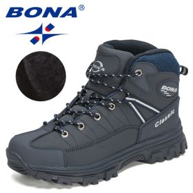 BONA 2022 New Designers Classics Winter Snow Boots Men Action Leather Super Warm Ankle Boots Man Hiking Boots Plush Shoes Male (Color: Deep blue S gray, size: 8)