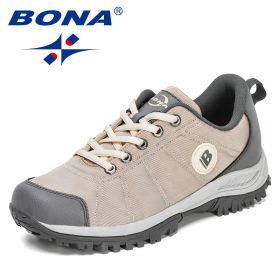 BONA 2022 New Designers Hiking Shoes Men Trekking Sneakers Walking Mountain Outdoor Shoes Man Trail Running Tourism Footwear (Color: Light beige D grey, size: 8)