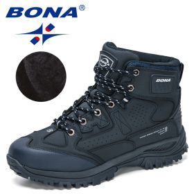 BONA 2022 New Designers Nubuck Hiking Shoes Men Non-Slip Outdoor Wear-Resistant Trekking Footwear Man High Top Plush Snow Boots (Color: Deep blue S gray, size: 8)